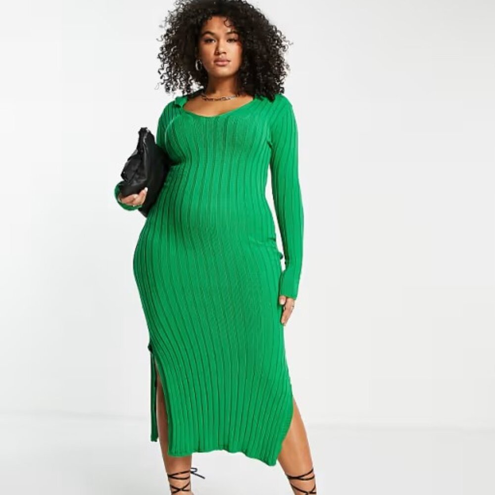 I Saw It First Plus rib midi dress with side split in green women size US 20,